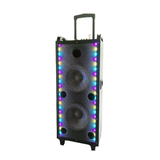 2×10"Trolley wooden subwoofer portable karaoke speaker with usb rechargeable battery