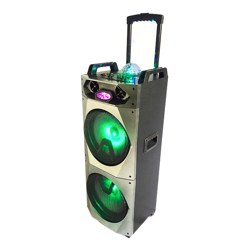 2×10"Wooden Stage Professional Amplifier System Trolley Rechargeable Speaker with Disco Light