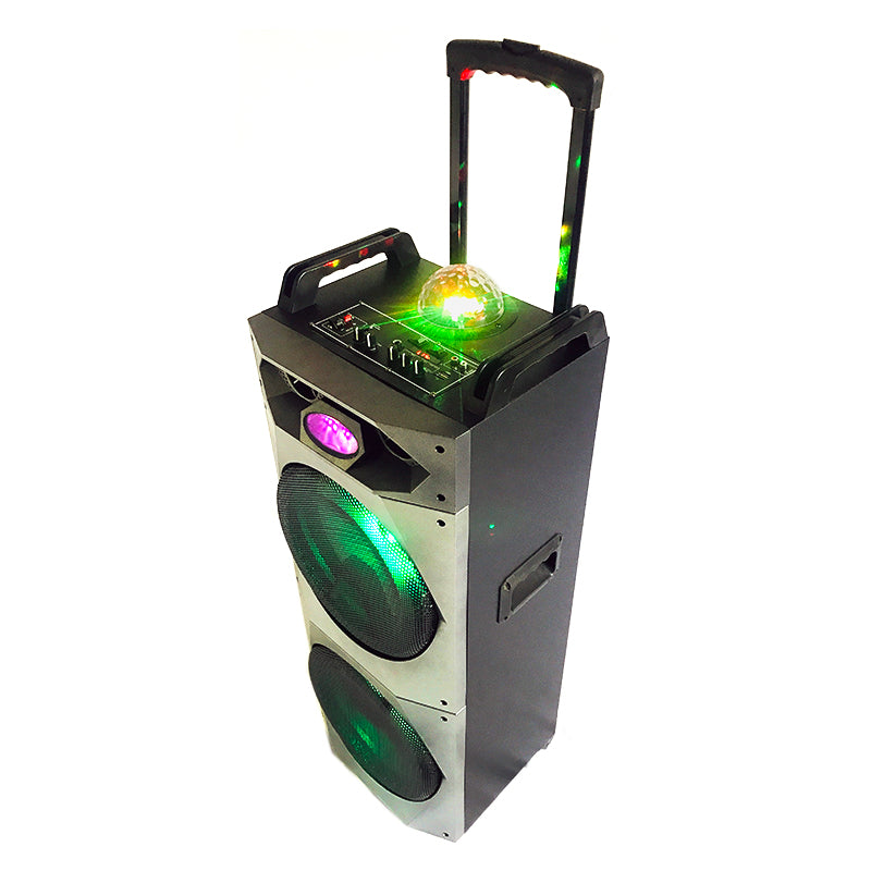 2×10"Wooden Stage Professional Amplifier System Trolley Rechargeable Speaker with Disco Light